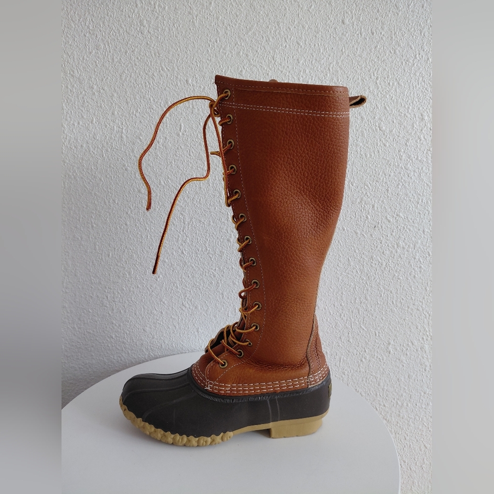 Vintage LL Bean Boots USA Womens  Knee High Full Zip Leather Flannel Lined.